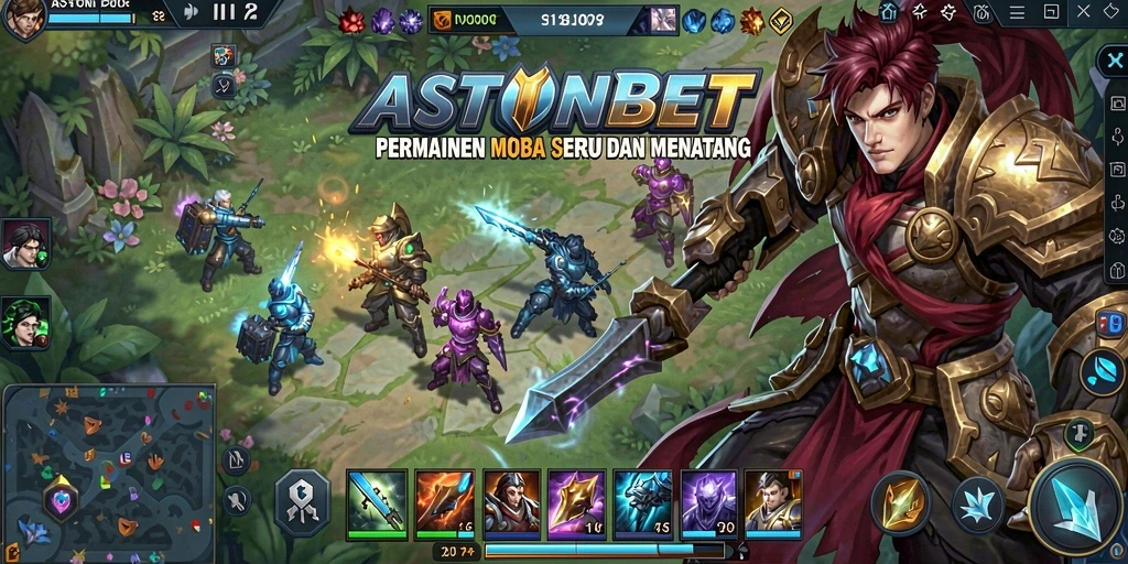 Screenshot gameplay ASTONBET menampilkan aksi intens dalam pertempuran MOBA.