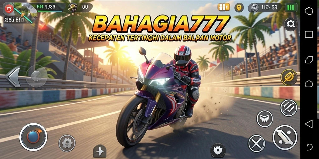 Gameplay seru BAHAGIA777 dengan balapan motor mendebarkan.