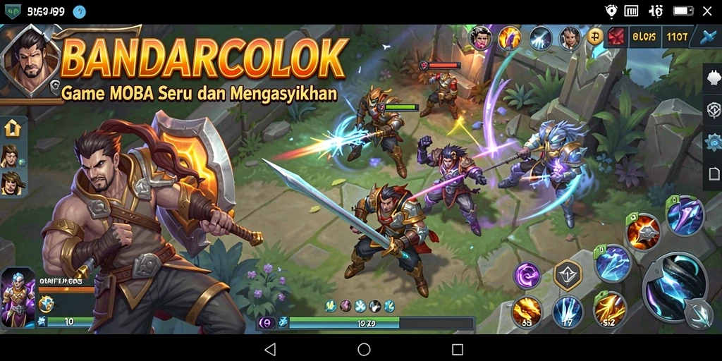 Screenshot BANDARCOLOK menampilkan pertarungan seru karakter dalam gameplay MOBA.