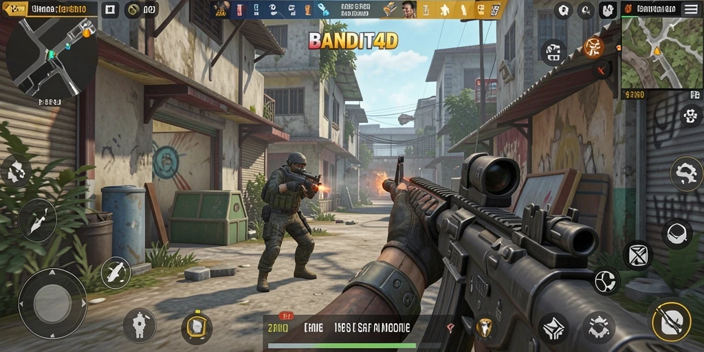 Screenshot gameplay BANDIT4D menampilkan aksi tembak-menembak yang mendebarkan.