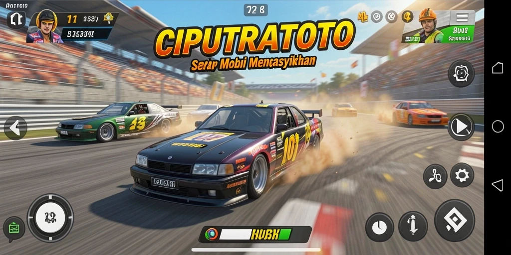 Tampilan seru gameplay CIPUTRATOTO dengan mobil yang berakselerasi di lintasan balap.