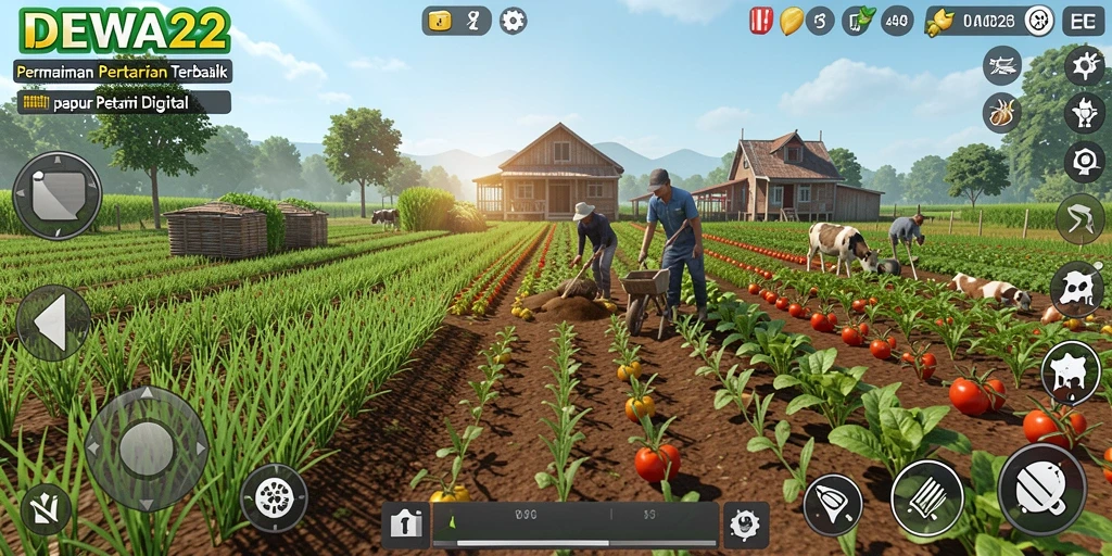 Tampilan gameplay DEWA22 dengan berbagai tanaman dan ladang yang hijau.