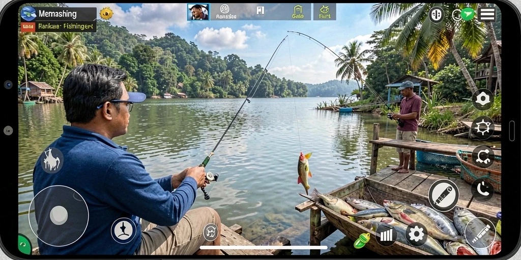 Screenshot gameplay F08 yang menunjukkan aksi memancing seru.