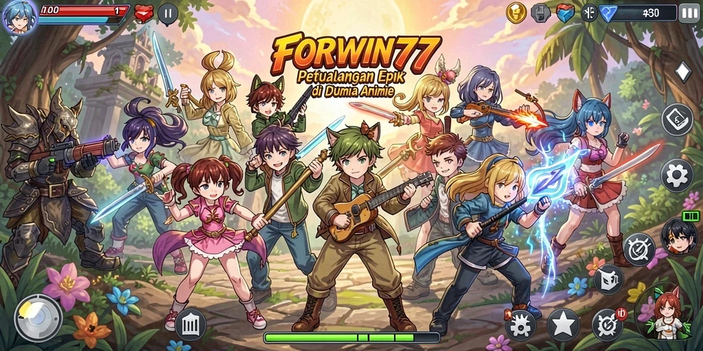 Tangkapan layar gameplay FORWIN77 yang menggambarkan aksi seru dan karakter anime.