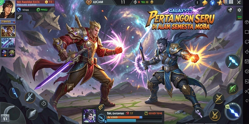 Tangkapan layar gameplay epik dalam GALAXY77, menampilkan aksi seru di arena MOBA.