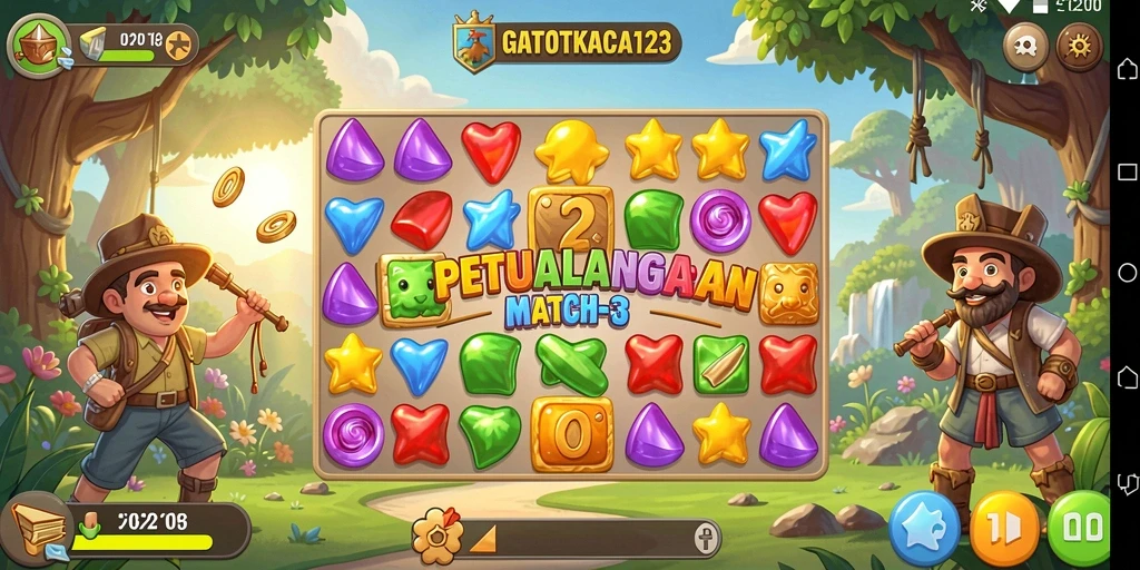 Screenshot gameplay GATOTKACA123 menampilkan tantangan match-3 yang seru.