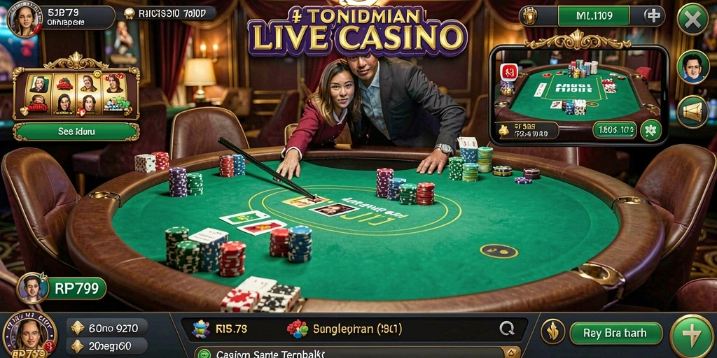 Screenshot utama RP79 menunjukkan dealer yang sedang bermain dengan pemain secara langsung.