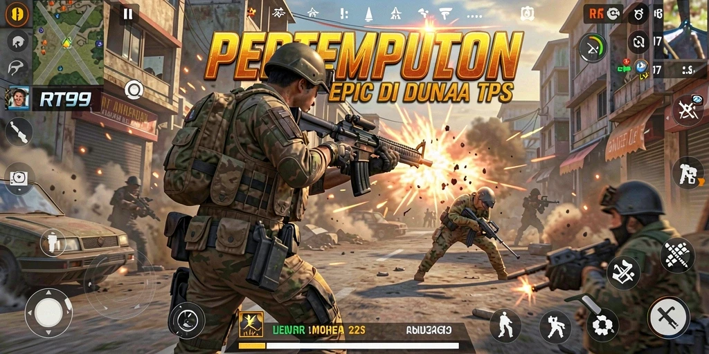 Screenshot gameplay RT99 dengan aksi tembak menembak yang intens.
