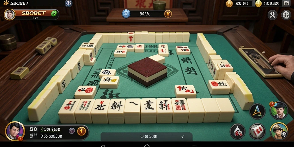 Screenshot menunjukkan gameplay seru dari SBOBET dengan ubin Mahjong yang berwarna-warni.